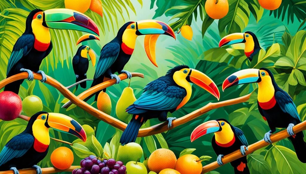 Feeding toucans tropical fruits