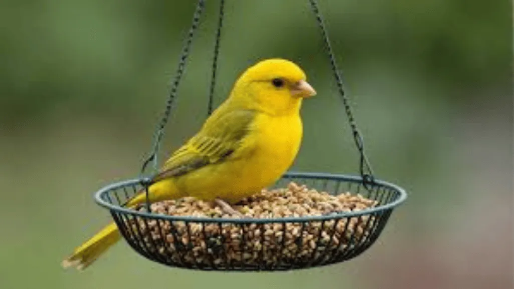Variety of canary bird food including seeds, pellets, and fresh vegetables Variety of canary bird food including seeds, pellets, and fresh vegetables